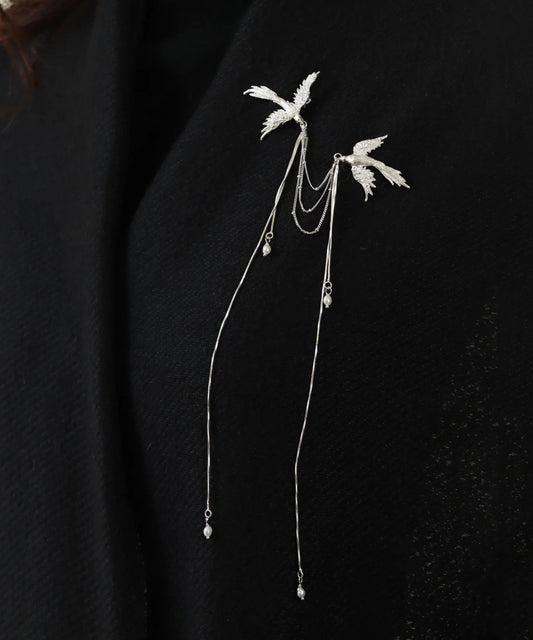 Chinese Style Silk Sterling Silver Pearl Phoenix Seeking a Mate Tassel Brooch