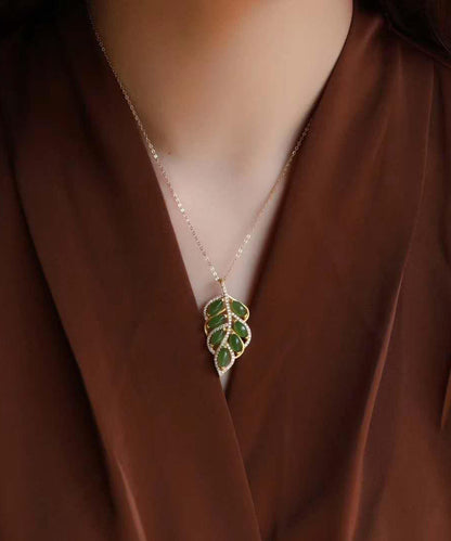 Green Jade Zircon Leaf Pendant Necklace