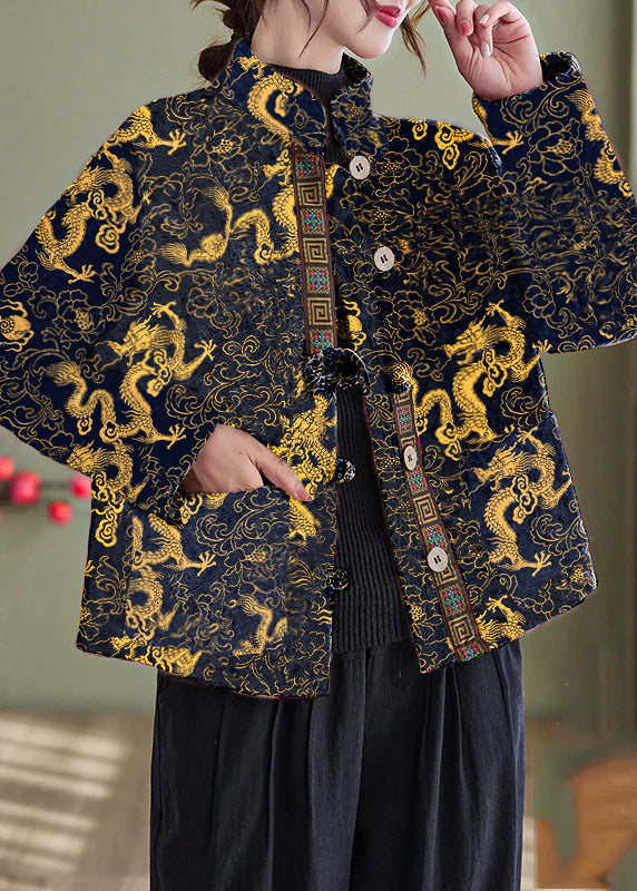 White-crane Print Pockets Cotton Filled Parka Winter