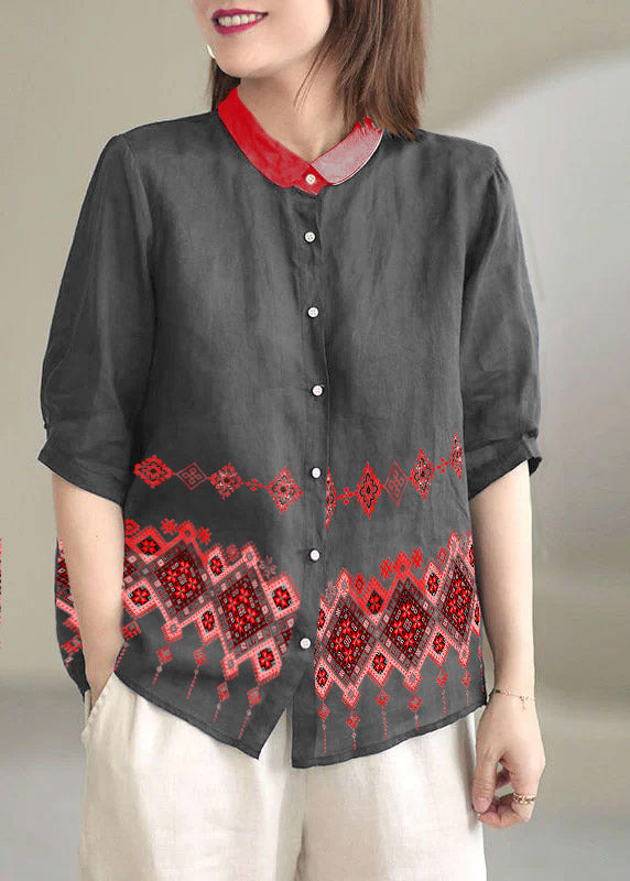 Navy Peter Pan Collar Button Loose Fall Half Sleeve Shirt Tops