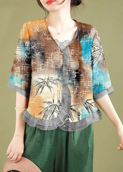 Gray-geometry Ruffled Button Patchwork Linen Blouse Top Summer