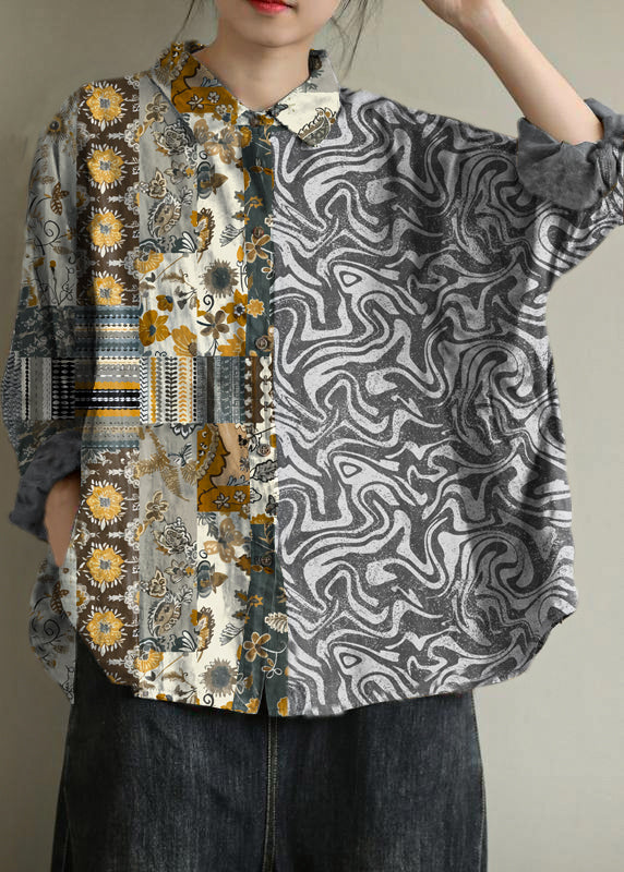 Art Black Flower Tunic Pattern Lapel Baggy Fall Top