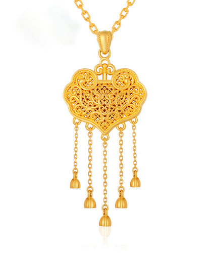 Gold Sterling Silver Overgild Lucky Lock Tassel Pendant Necklace