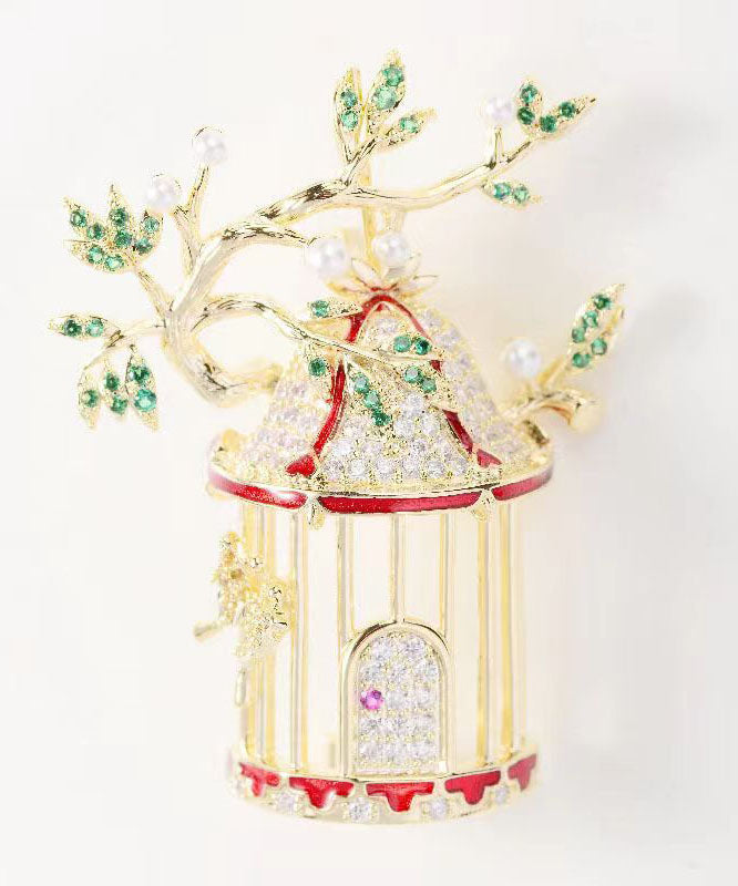 Yellow Zircon Crystal Pearl Bird Cage Brooches