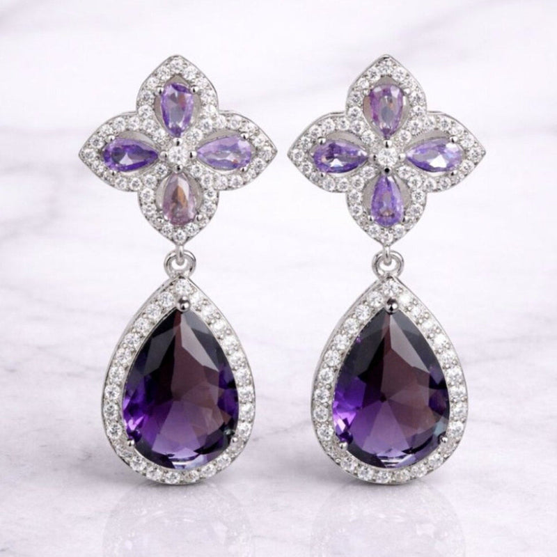 “stewart” Purple Clover Drop Earrings – Amethyst Teardrop Halo Statement Earrings