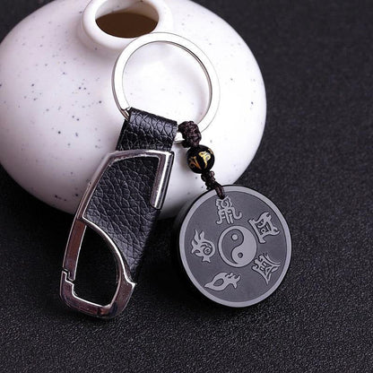 Buddha Stones Natural Black Obsidian Taoism Five Sacred Mountains Nine-character Mantra Carved Strength Yin Yang Necklace Pendant Key Chain