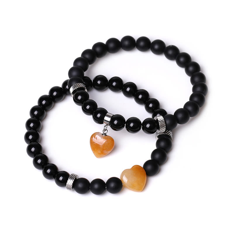 Buddha Stones 2pcs Black Onyx Crystal Stone Love Heart Protection Support Couple Bracelet