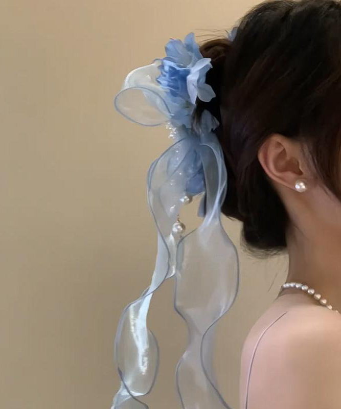 Blue Tulle Bow Pearl Ribbon Hairpin