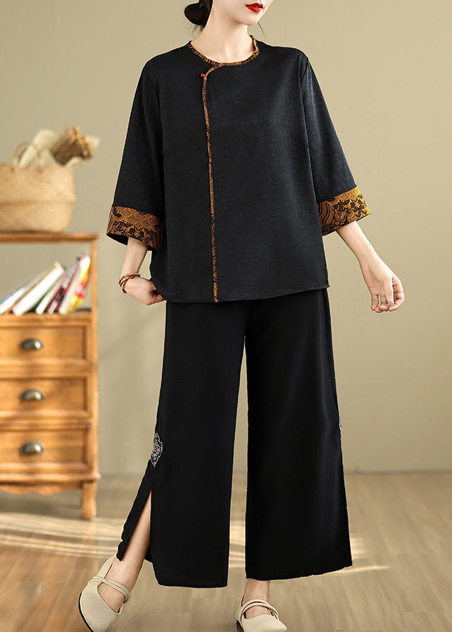 Black Oversized Patchwork Silk Blouses Bracelet Sleeve