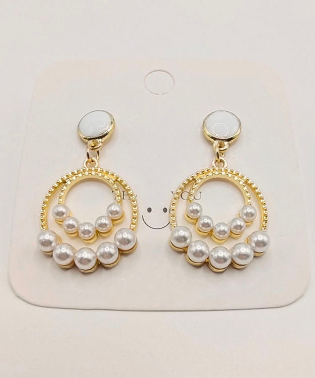 Gold Sterling Silver Alloy Pearl Circle Drop Earrings