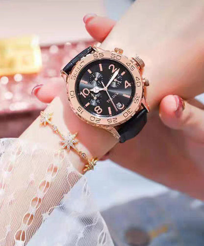 Black Leather Alloy Reinforced Glass Waterproof Watches