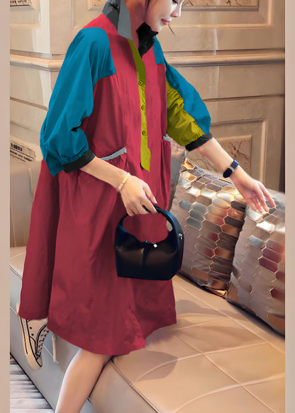 Red Stitching Pockets Button Fall Half Sleeve Shirt Dress