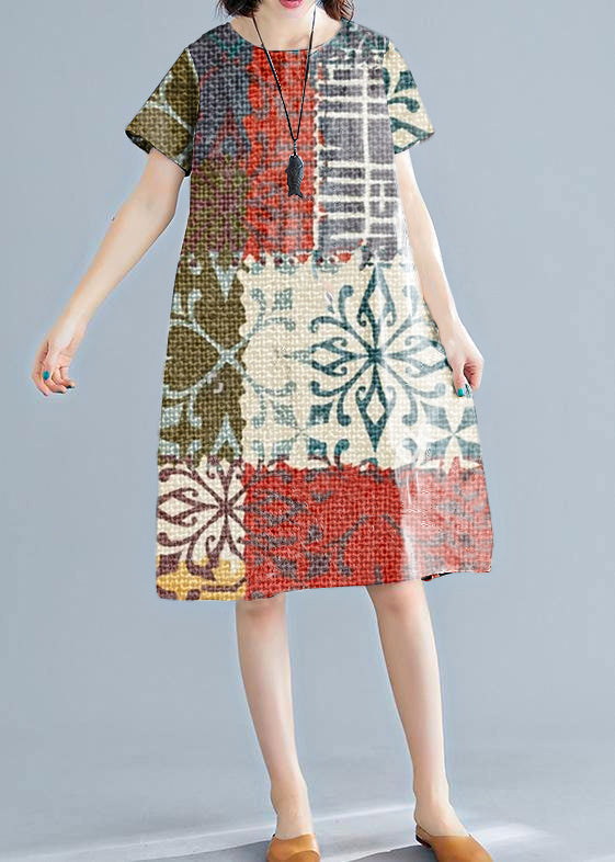 Classy Red Geometry Linen Wardrobes O Neck Short Sleeve Shift Summer Dress