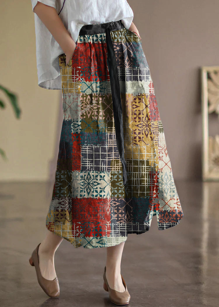 Black Flower Elastic Waist Print Linen Skirts Summer