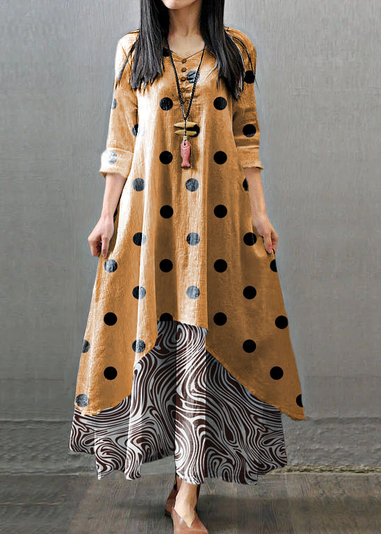 Long Sleeve Double Layers Button Asymmetric Green Text Maxi Dress