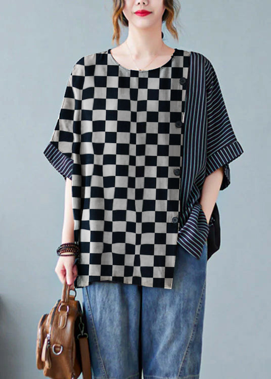 Novelty Black O-neck Striped Patchwork Button Cotton T Shirts Half Sleeve