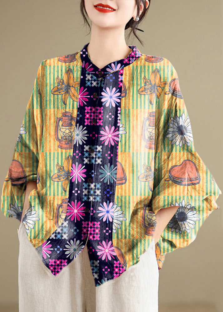 Loose Red Flower Button Linen Blouses Batwing Sleeve