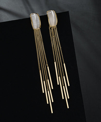 Skinny Gold Sterling Silver Alloy Cymophane Tassel Drop Earrings
