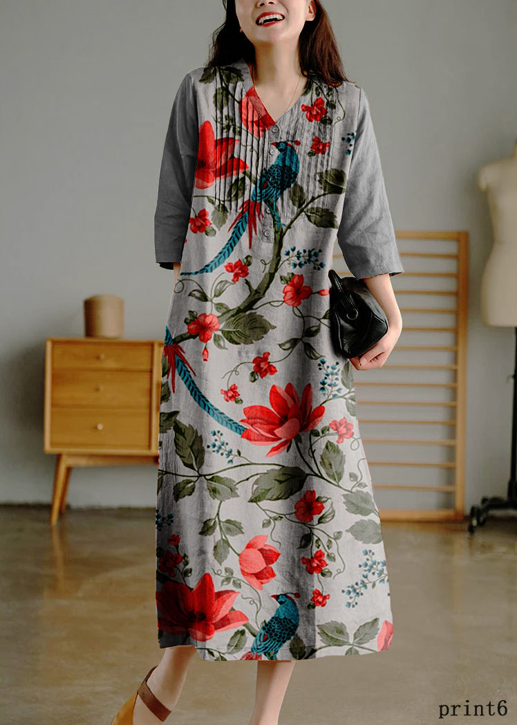 Light Green Loose Linen Long Dresses Button Half Sleeve