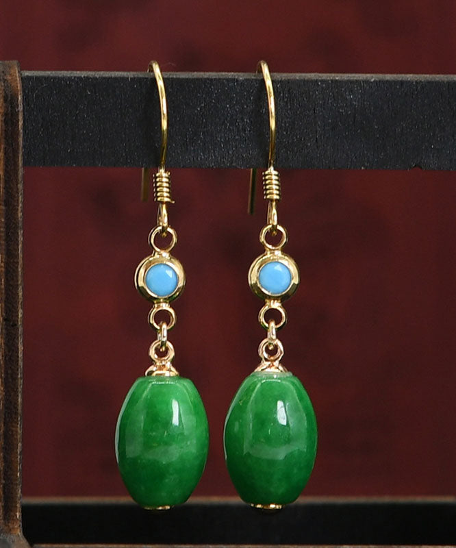Green Sterling Silver Overgild Inlaid Jade Drop Earrings