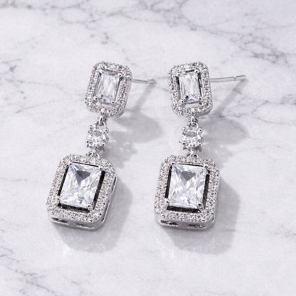 “enzo” Emerald Cut Drop Earrings – Silver Double Halo Statement Earrings