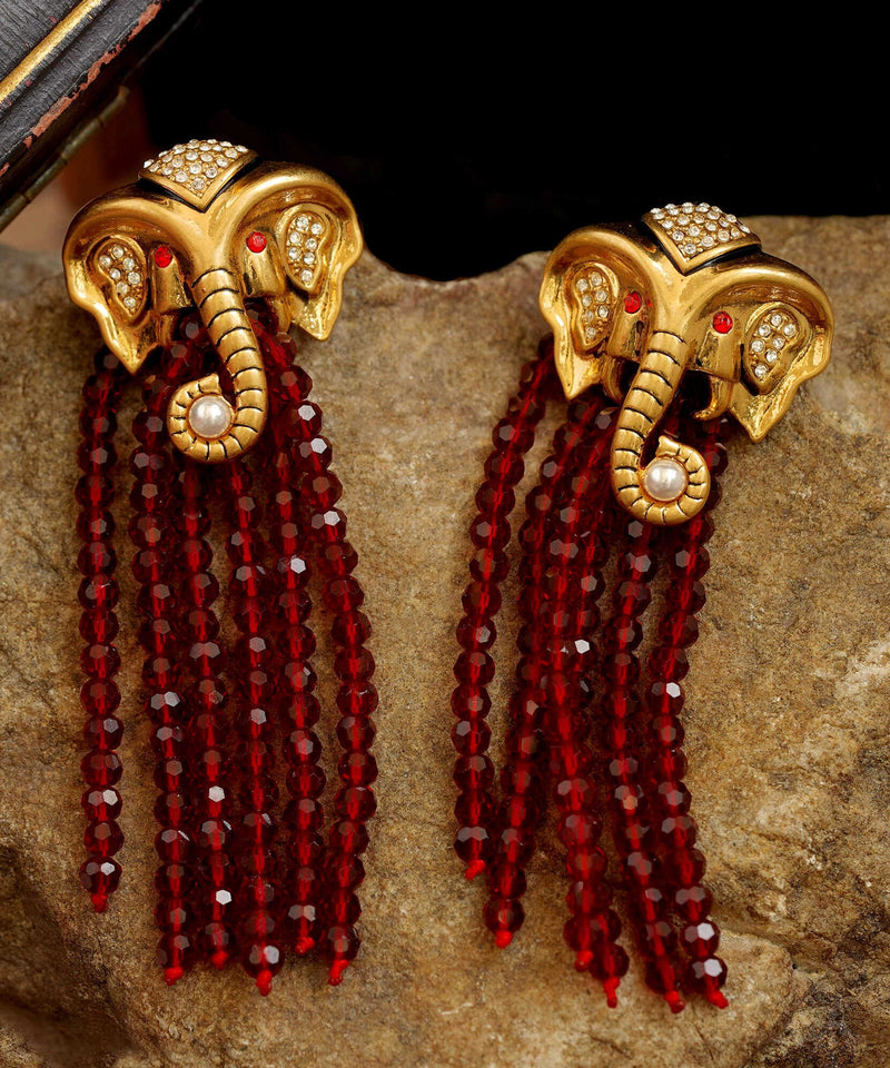 Red Copper 14k Gold Elephant Pearl Tassel Drop Earrings