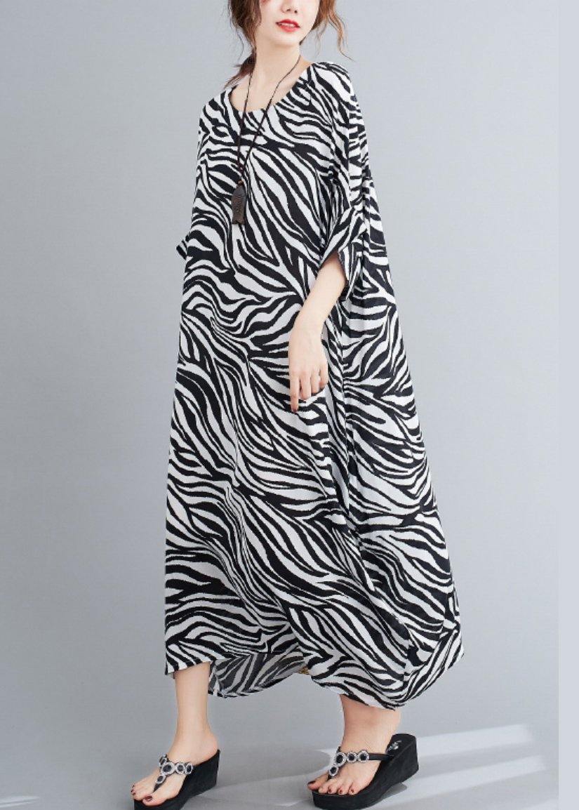 Handmade Black Striped Dress Pattern O Neck Batwing Sleeve Dress
