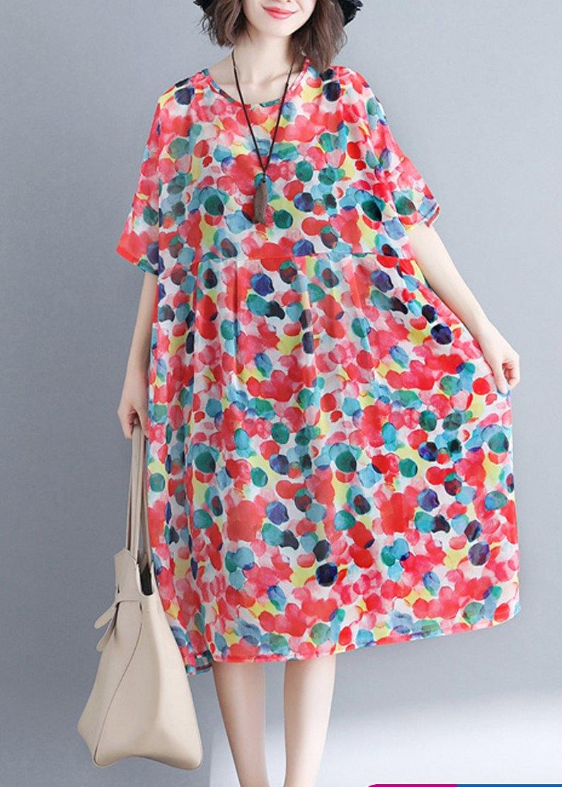 Red Dotted Dress O Neck Cinched Dresses