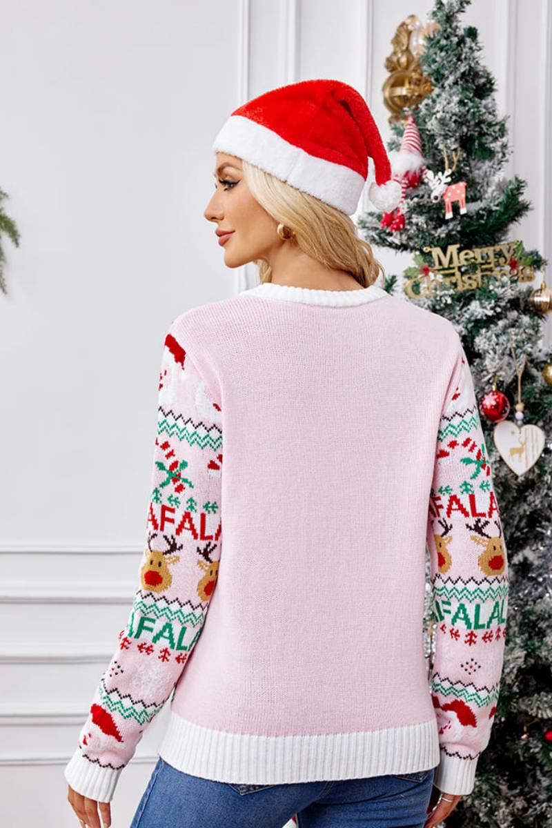 Loose Fit Crew Neck Christmas Cartoon Knit Sweater - Pink
