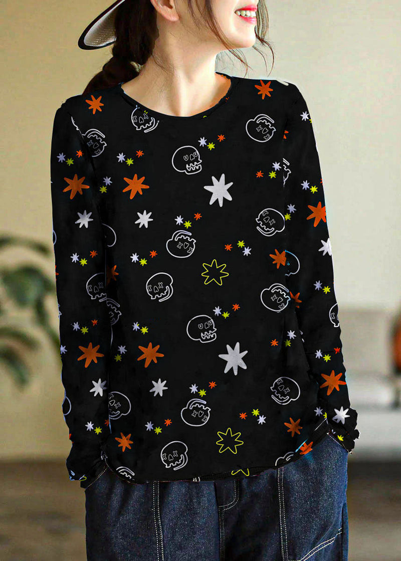 Purple Square O-neck Print Cotton Knitted Top Long Sleeve