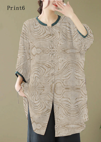 Khaki Print Linen Shirt Dresses O-neck Oversized Lantern Sleeve