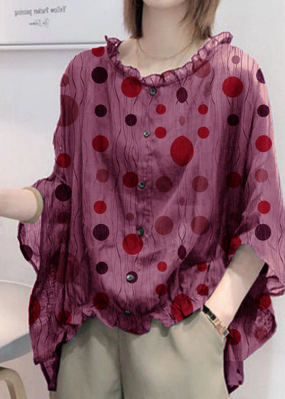 Art Green Print Tops Ruffles Trim Half Sleeve Shirts Blouse