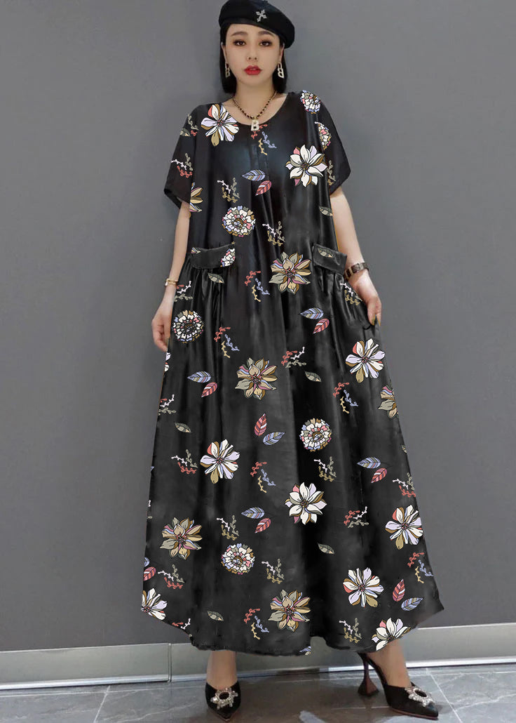 Loose Yellow O-neck Print Satin Maxi Dress Summer