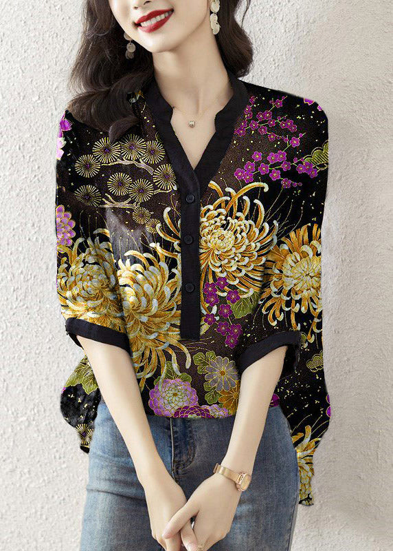 Black Flower V Neck Print Button Silk Top Half Sleeve