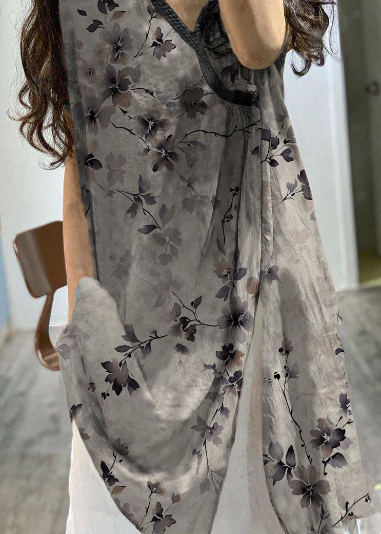 Simple V Neck Prints Linen Clothes Side Open Loose Dress