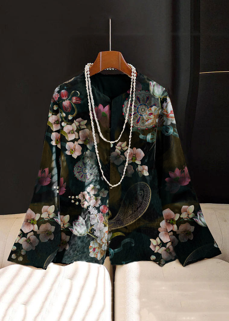 Chinese Style Black Flower Print Button Silk Coat Long Sleeve