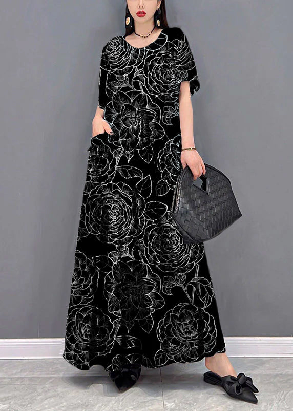 Black O-neck Print Pockets Long Dresses Short Sleeve