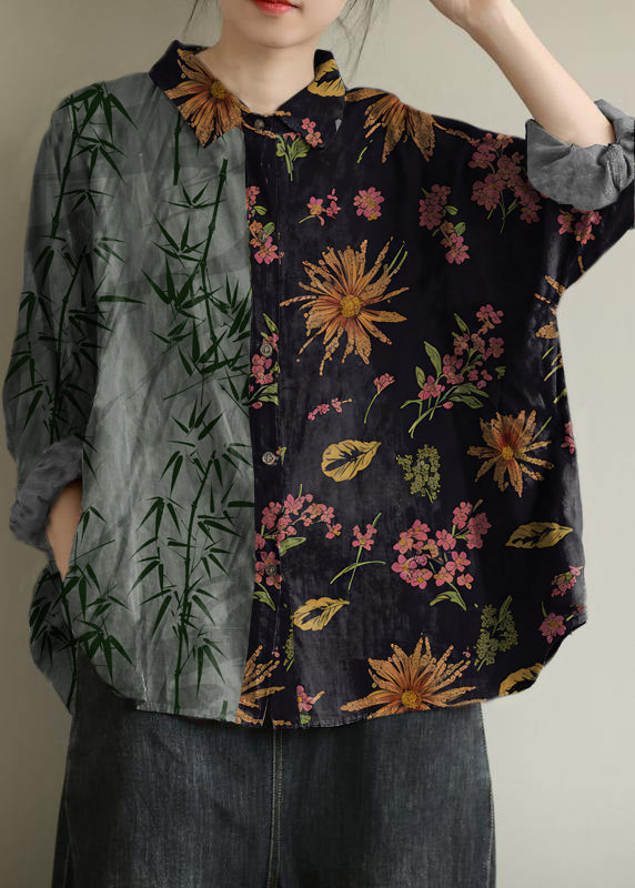 Art Gray Geometry Tunic Pattern Lapel Baggy Fall Top