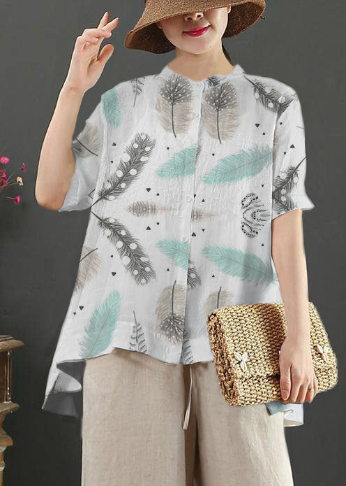Art White Flowers Embroidery Linen Top for Stand Collar Midi Summer Top