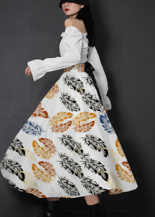 Organic White Flowers High Waist Cinched Patchwork Summer Cotton Skirts