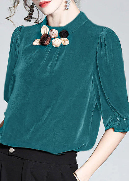 Blackish Green Stand Collar Silk Velour Top Short Sleeve