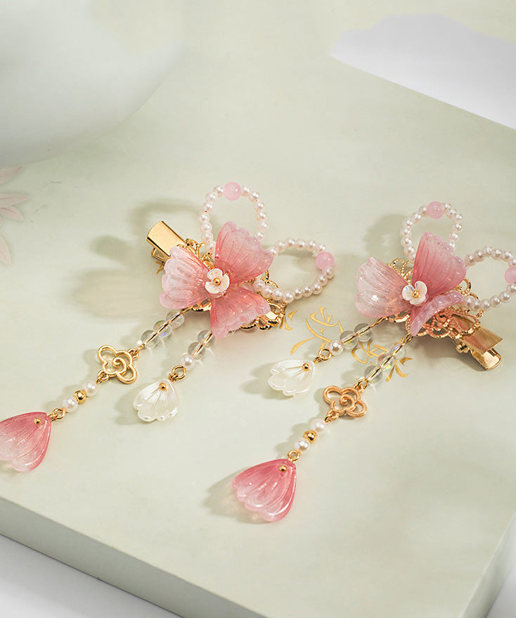Pink Copper Alloy Pearl Colored Glaze Tassel a Pair Hairpin
