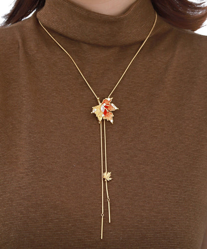 Unique Gold Copper Overgild Maple Leaf Lariat Necklace