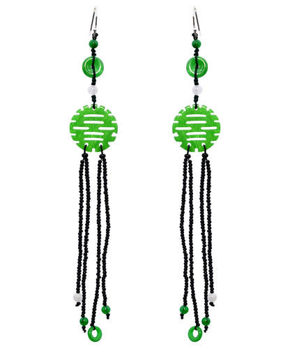 Handmade Green Sterling Silver Jade Tassel Glass Bea Drop Earrings