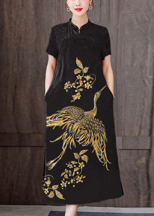 Fitted Yellow Letters Mandarin Collar Print Pockets Silk Long Dresses Short Sleeve