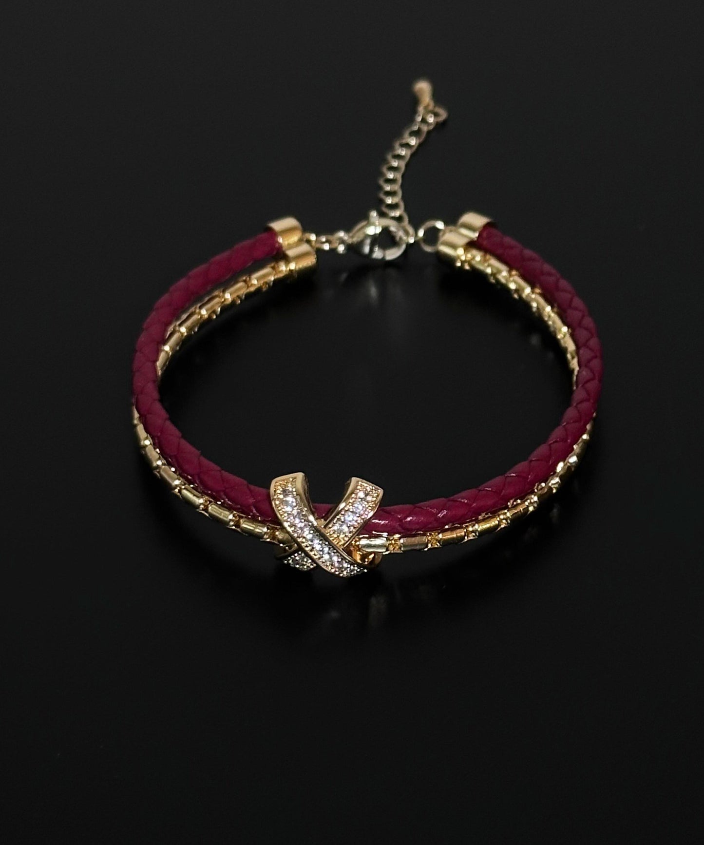 Red Leather Copper Alloy Zircon Bracelet