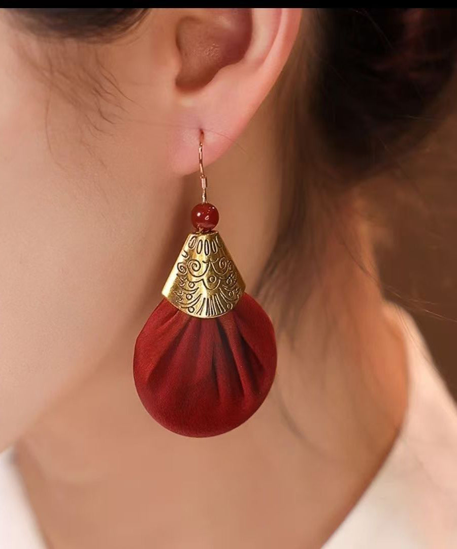 Red Ancient Gold Fabric Agate Drop Earrings