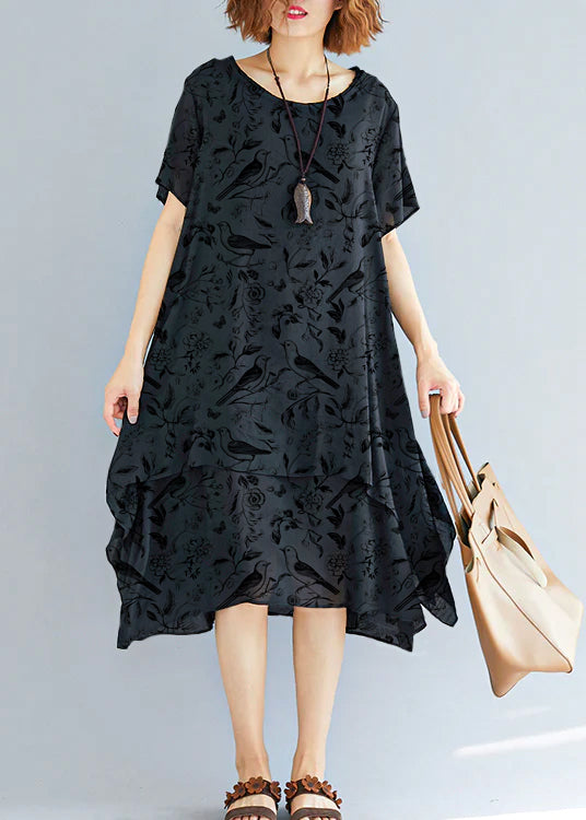 Vivid Black Flowers and Birds Linen-cotton Tunics for Fabrics O Neck Asymmetric Oversized Summer Dress