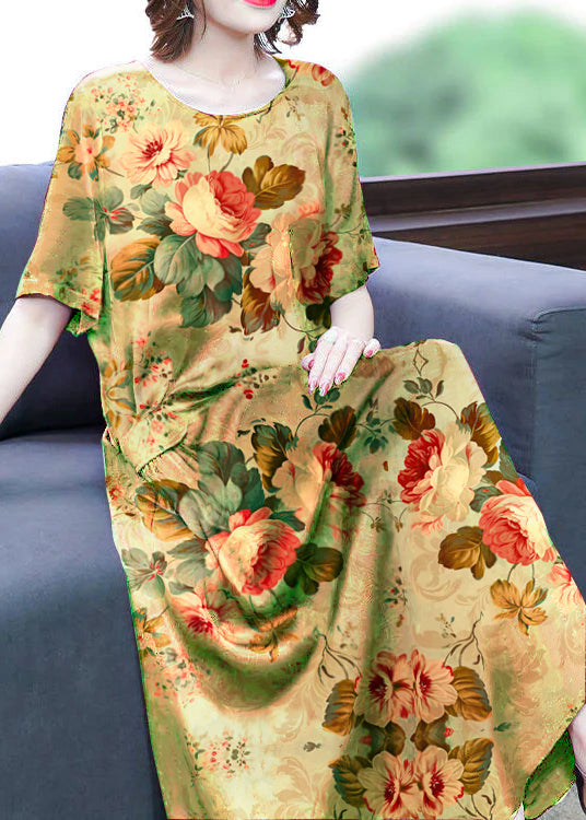 Yellow-cashew Print Silk Long Dress Oversized Pockets Wrinkled Summer