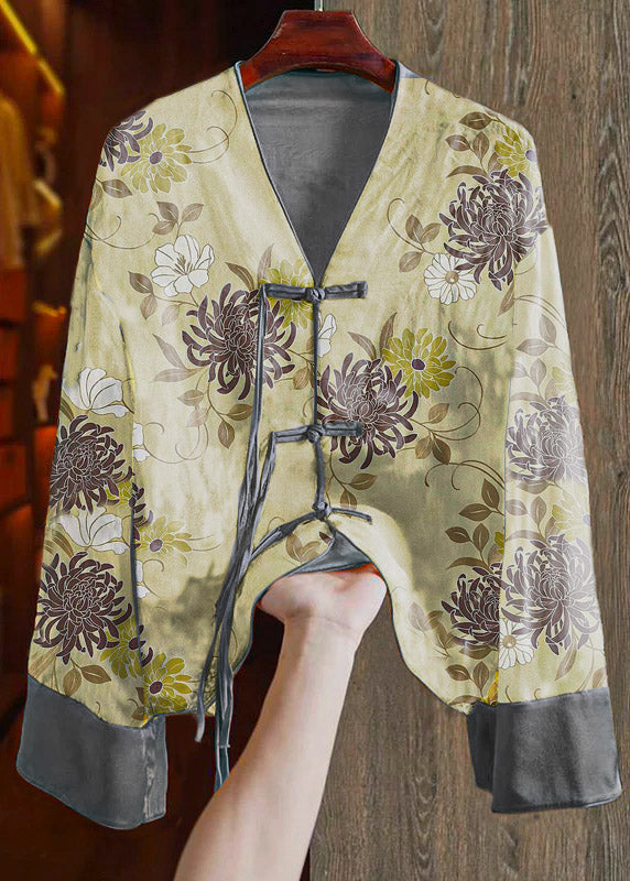 Loose Orange Flower V Neck Embroidered Button Silk Shirts Spring
